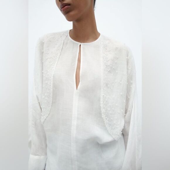 ZARA EMBROIDERED RAMIE BLOUSE - Picture 1 of 4